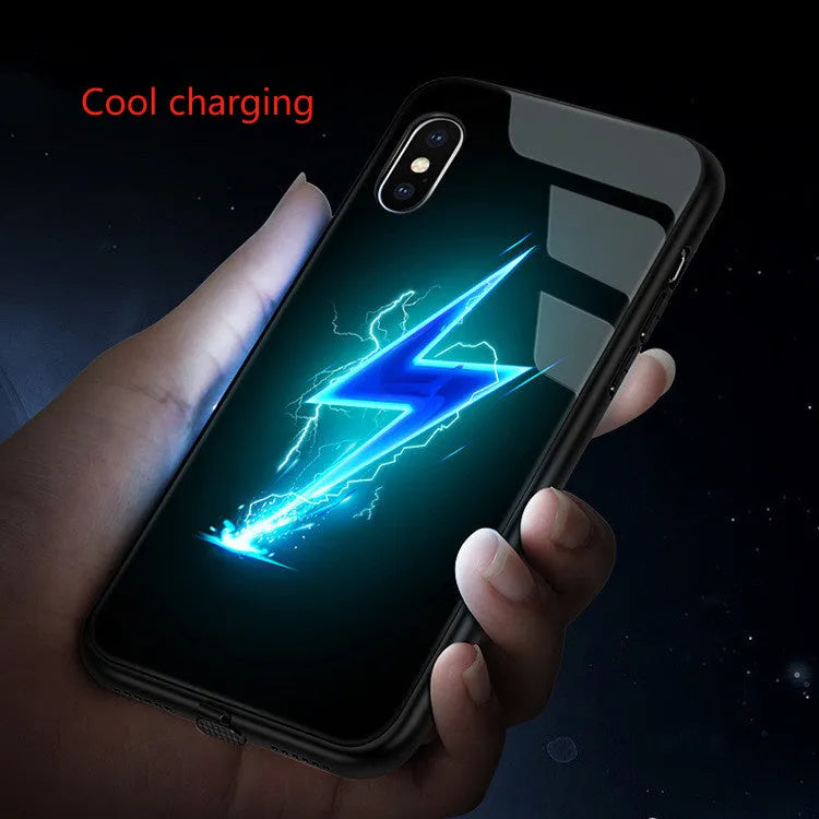 iPhone case with tempered glass back showing cool lightning design and integrated LED light flash
