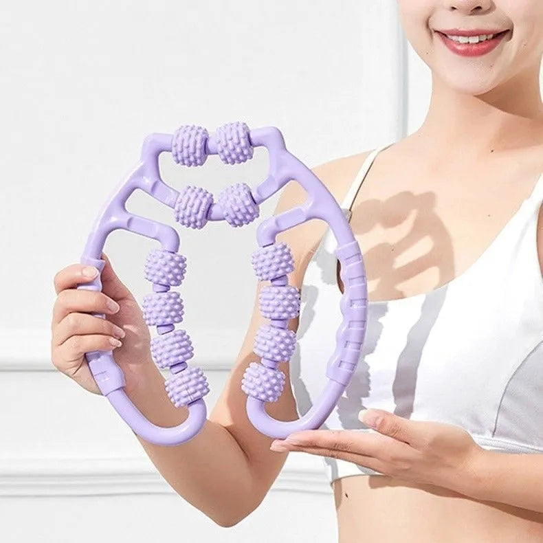 Ring clip leg massager roller with multiple acupressure wheels in Macaron Pink, Blue, or Purple.