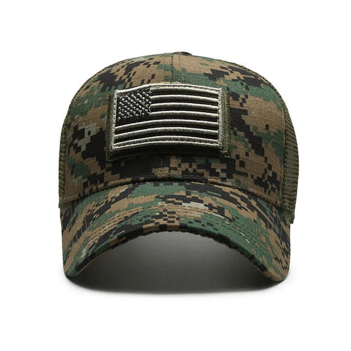 Adjustable Velcro tactical camouflage baseball cap with machine embroidery on cotton dome crown