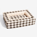 Classic plaid pattern dog cushion with removable washable cover, shown in red, for a medium dog crate.