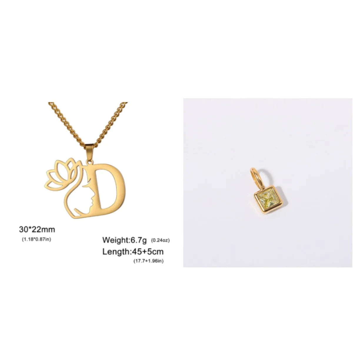 Stainless steel necklace with cross chain and a single initial pendant in a gold or silver finish.