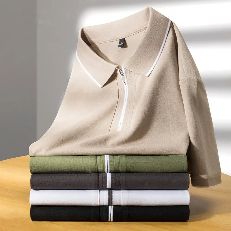 Men's slim fit short sleeve lapel top in cotton blend fabric, shown in graphite gray colour.