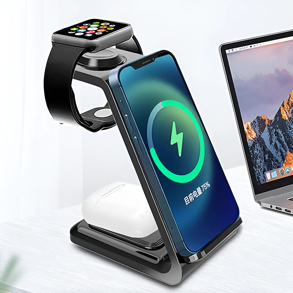 White 3-in-1 upright wireless charger and phone holder on a desk with a mobile phone charging.