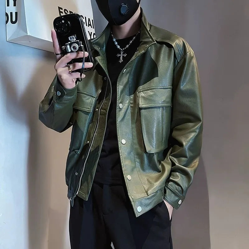 Men's black Korean style PU leather jacket with straight hem design