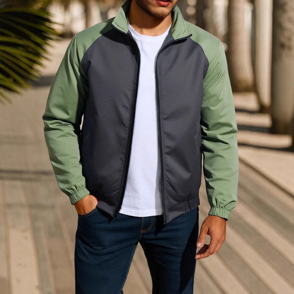 Men's loose fit casual jacket with a stand collar and raglan sleeves in a contrast colour.