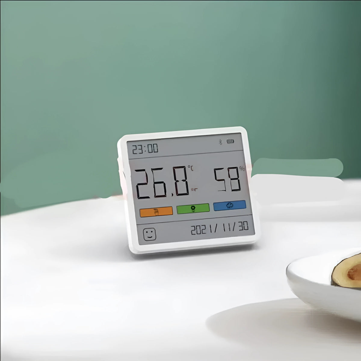 Mini digital clock hygrograph with ABS body, PMMA screen, temperature and humidity display, stand and adhesive mount options