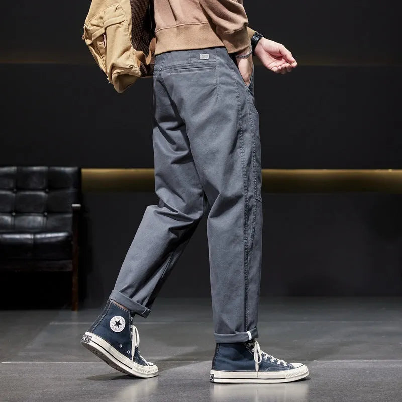 Men's casual retro straight leg trousers in khaki, cotton and bamboo fiber blend, zip fly, high waist
