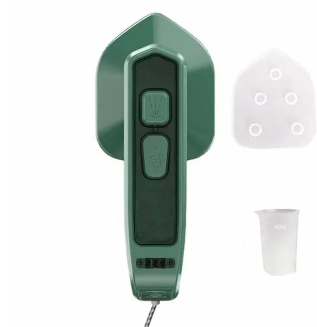 Dark green portable hanging steam ironing machine with ceramic panel.