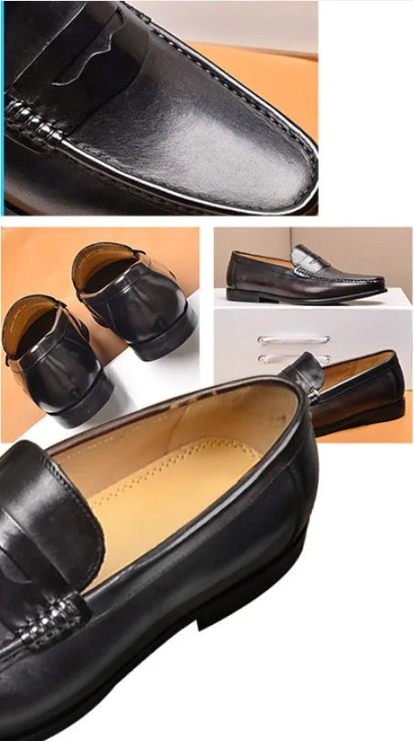 Men's first layer cowhide casual leather shoes in black with flat heel and lace-up design