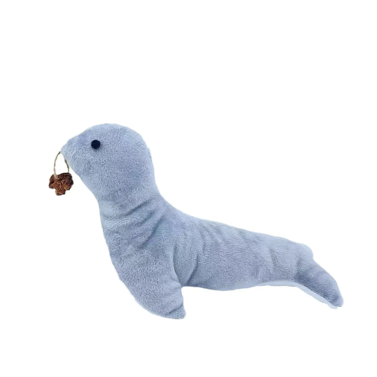 Blue sea lion shaped cat plush toy with bell sound feature and attached gall fruit teaser
