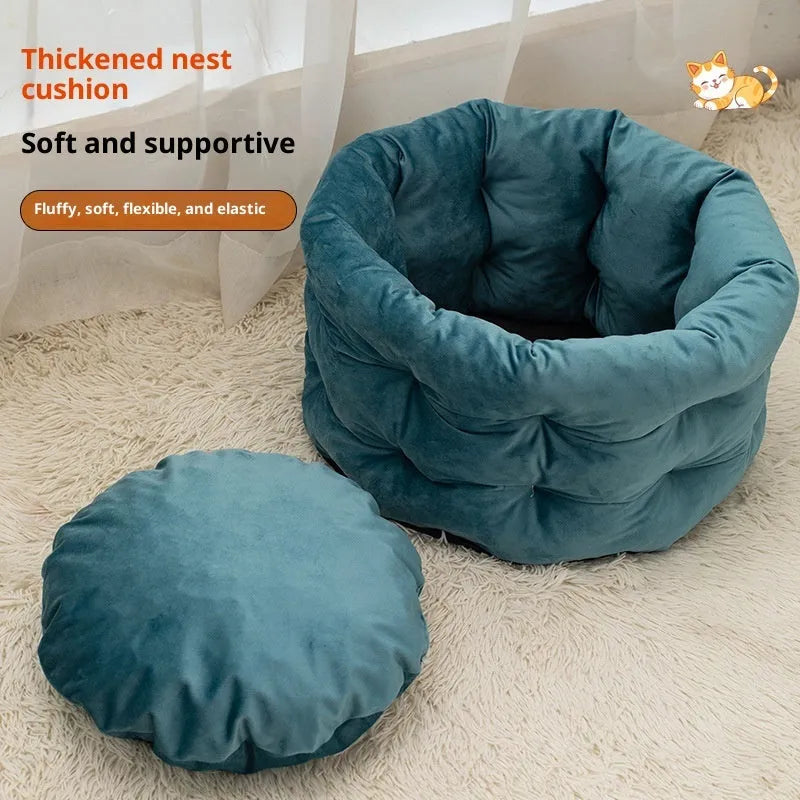 Winter warm pet bed for cats in khaki colour, cloth construction, medium size 48x26cm
