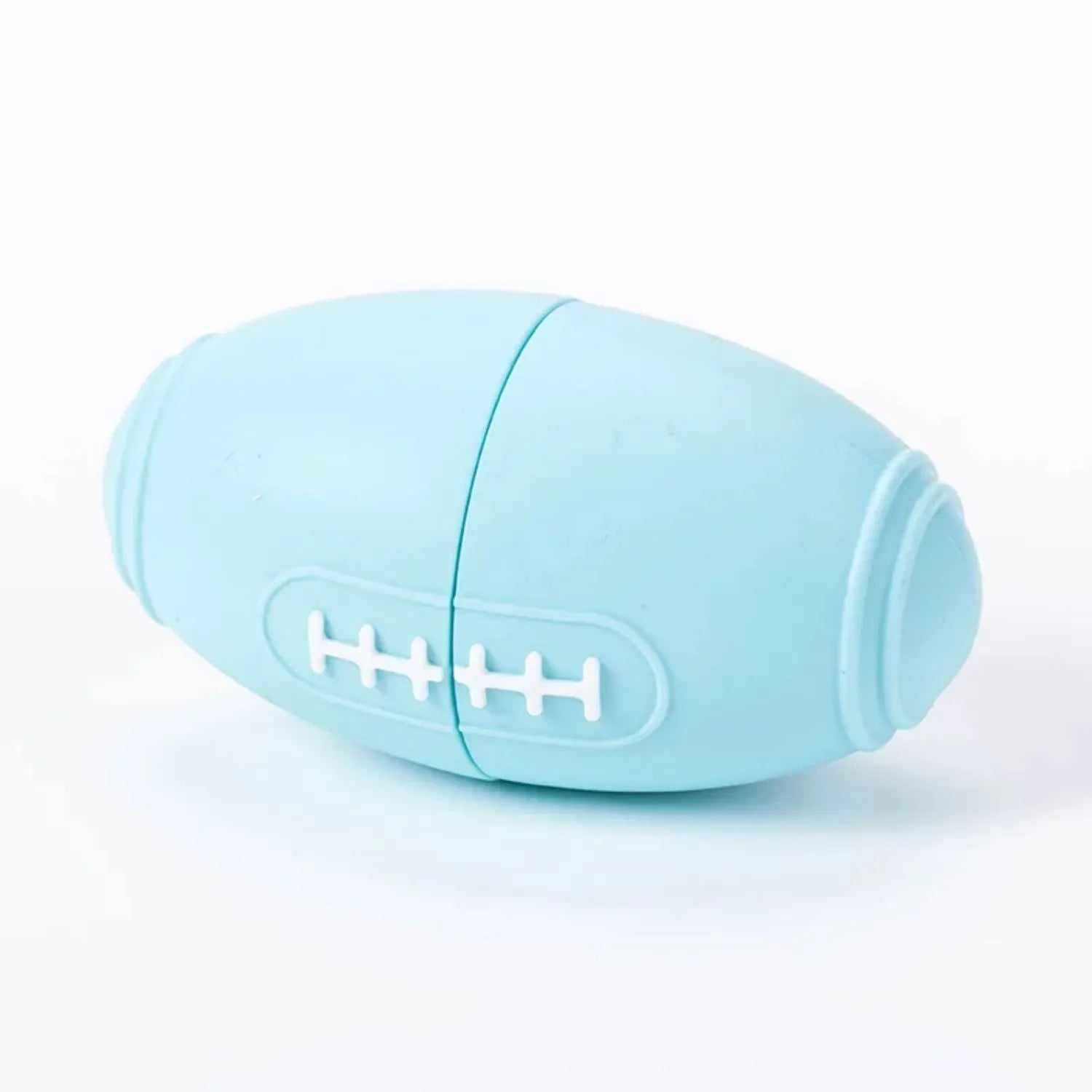 Silicone rugby-shaped dog tug toy in blue colour for interactive play and chewing