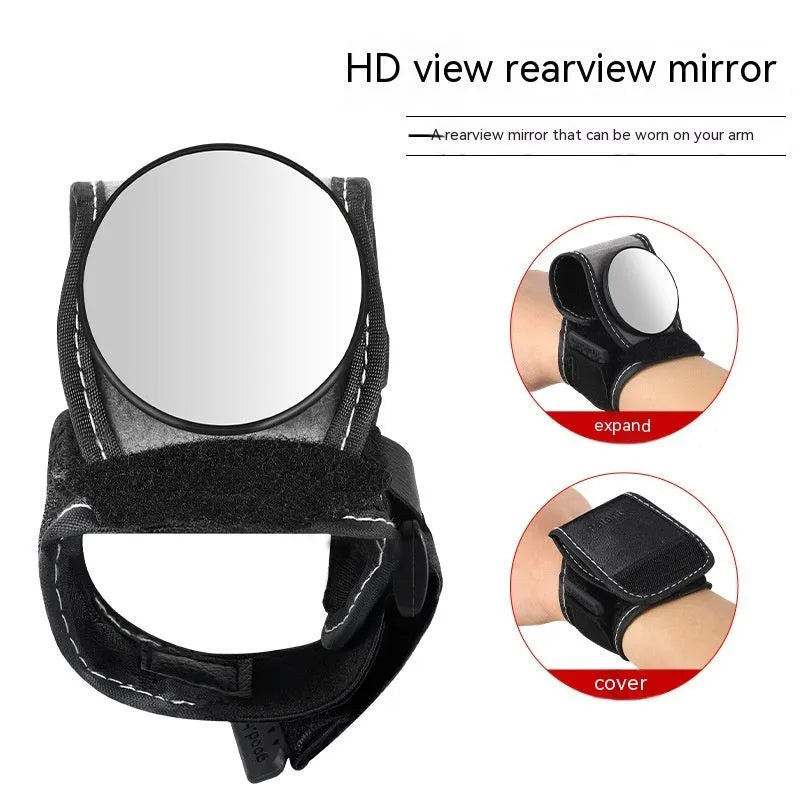 Black bicycle wrist rear-view mirror with adjustable nylon fixture for cycling safety