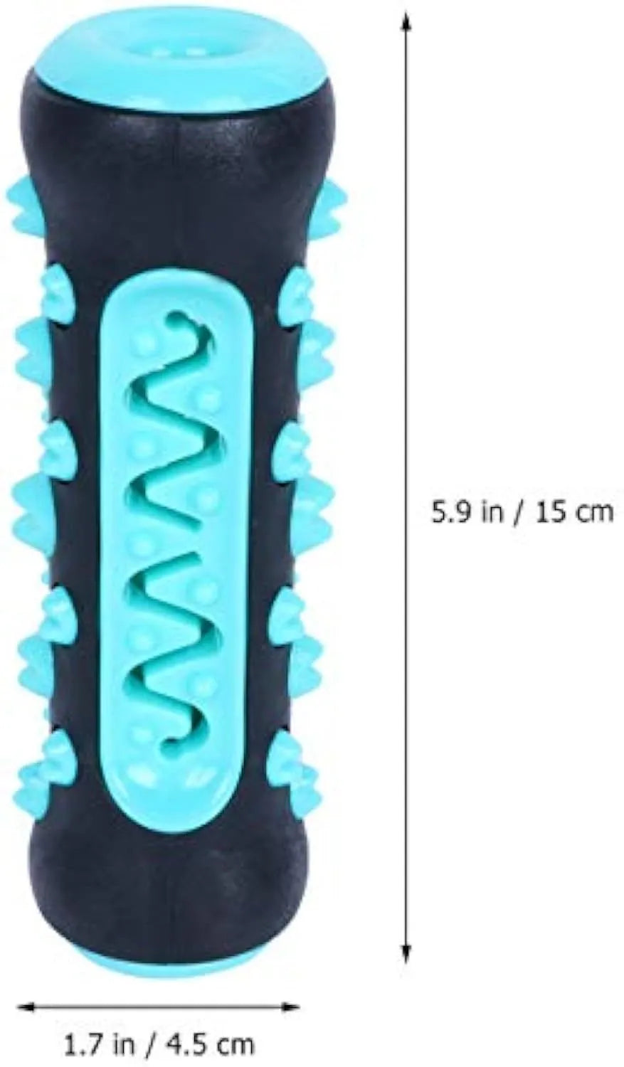 Natural rubber dog toothbrush chew toy in blue, showing textured surface for dental cleaning.