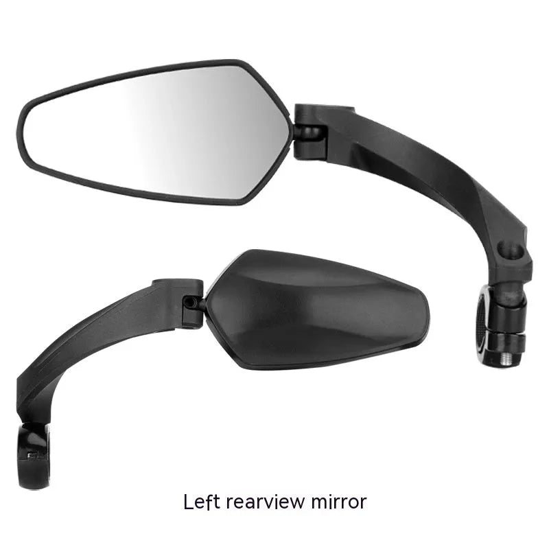 Black rotatable bicycle rearview mirror for handlebars, showing acrylic lens and mounting clamp.