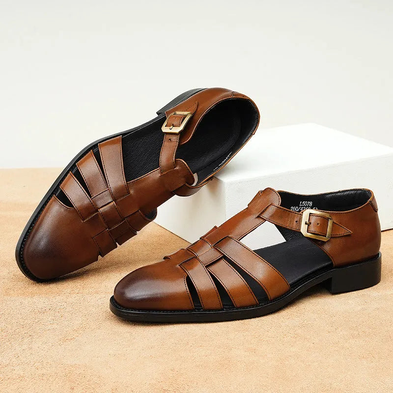 Men's black genuine leather retro sandals with open design and rubber sole.