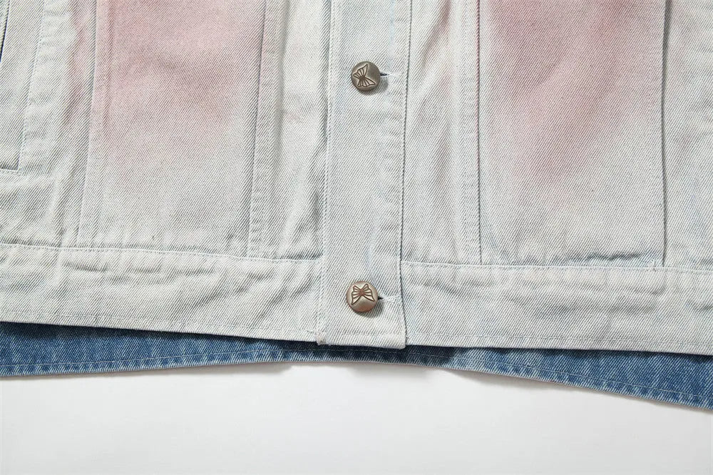 Blue inkjet tie-dyed cotton denim loose jacket for men, long sleeves, straight hem, casual wear