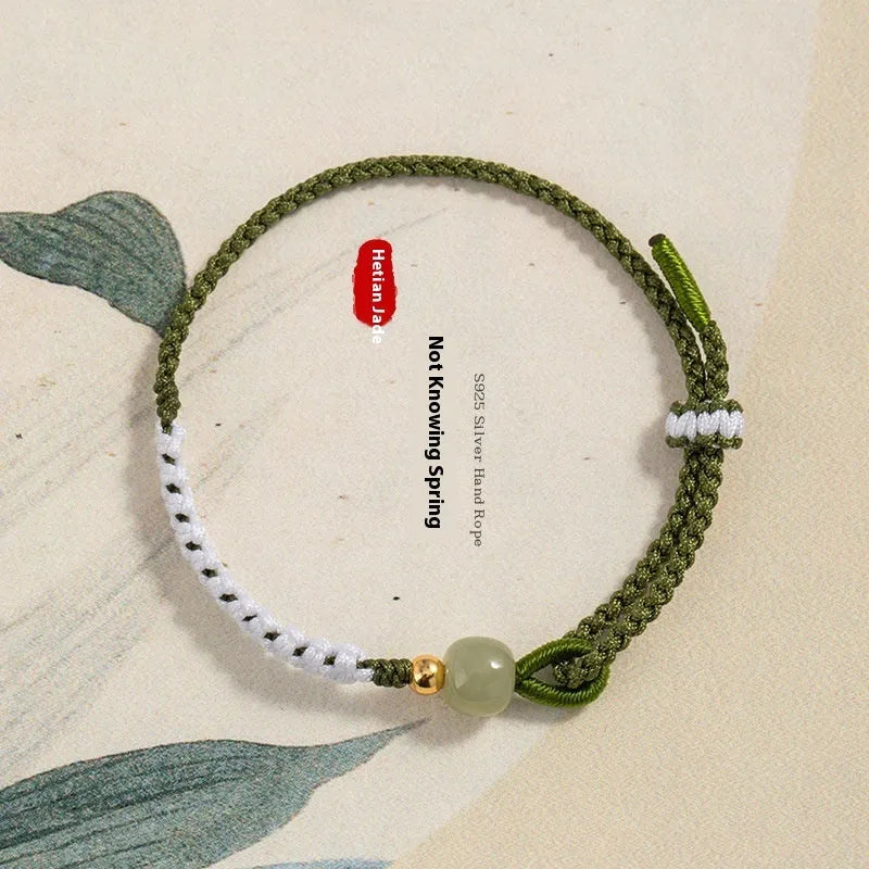 Hetian jade national tide bracelet with sterling silver carrying strap on adjustable electroplated cord