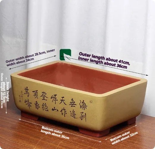 Purple clay Chinese style flower pot with plant on desktop, available in multiple colours and sizes