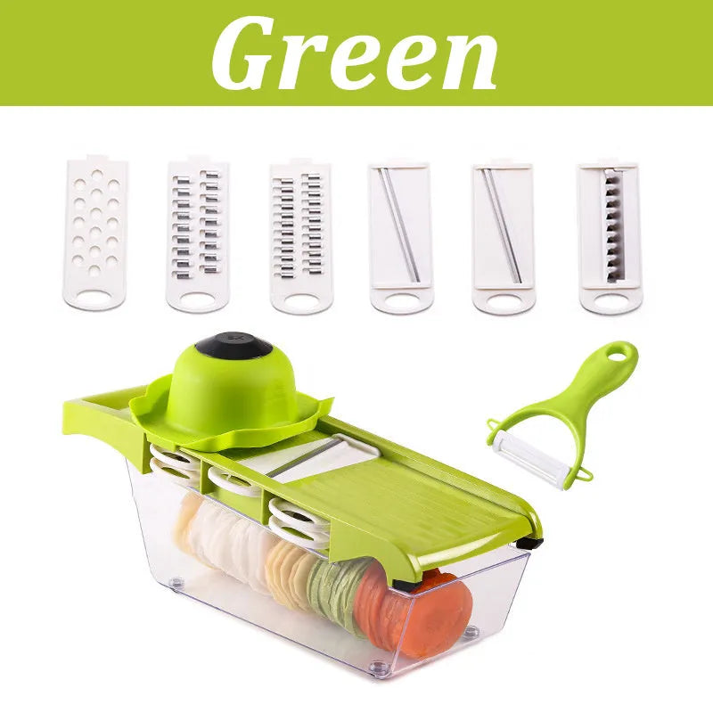 Multifunctional vegetable cutter with 7 stainless steel blades and wheat straw body in black, 31.8 cm