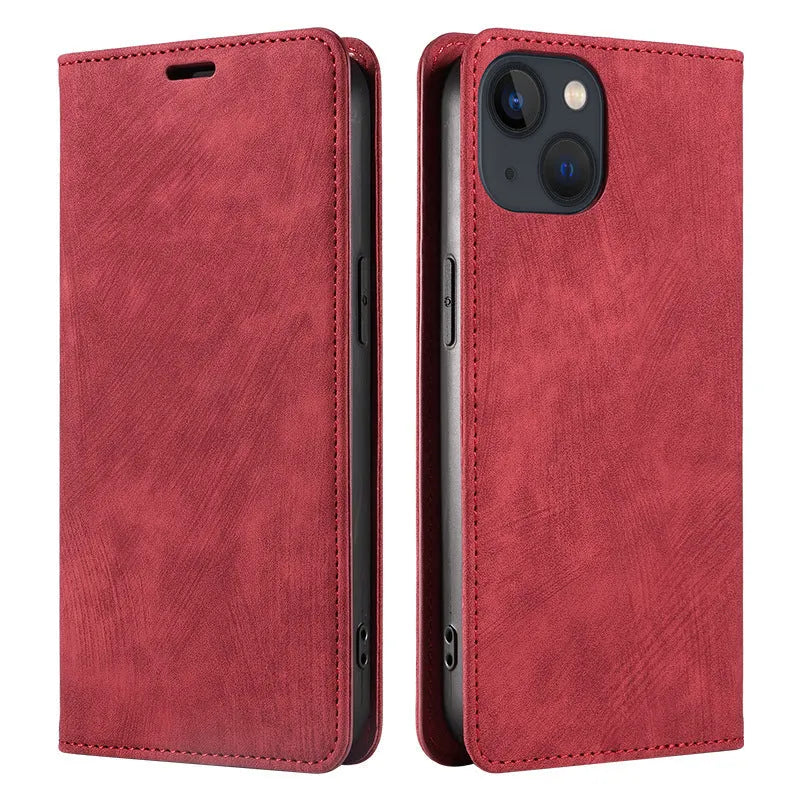 Magnetic flip phone case for iPhone in a solid colour, showing TPU frame and leather cover.