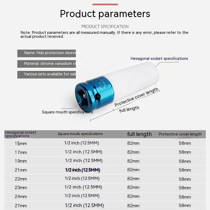 Single 45# steel hexagon impact socket for pneumatic wrenches in 17mm, 19mm, 21mm, or 22mm size.