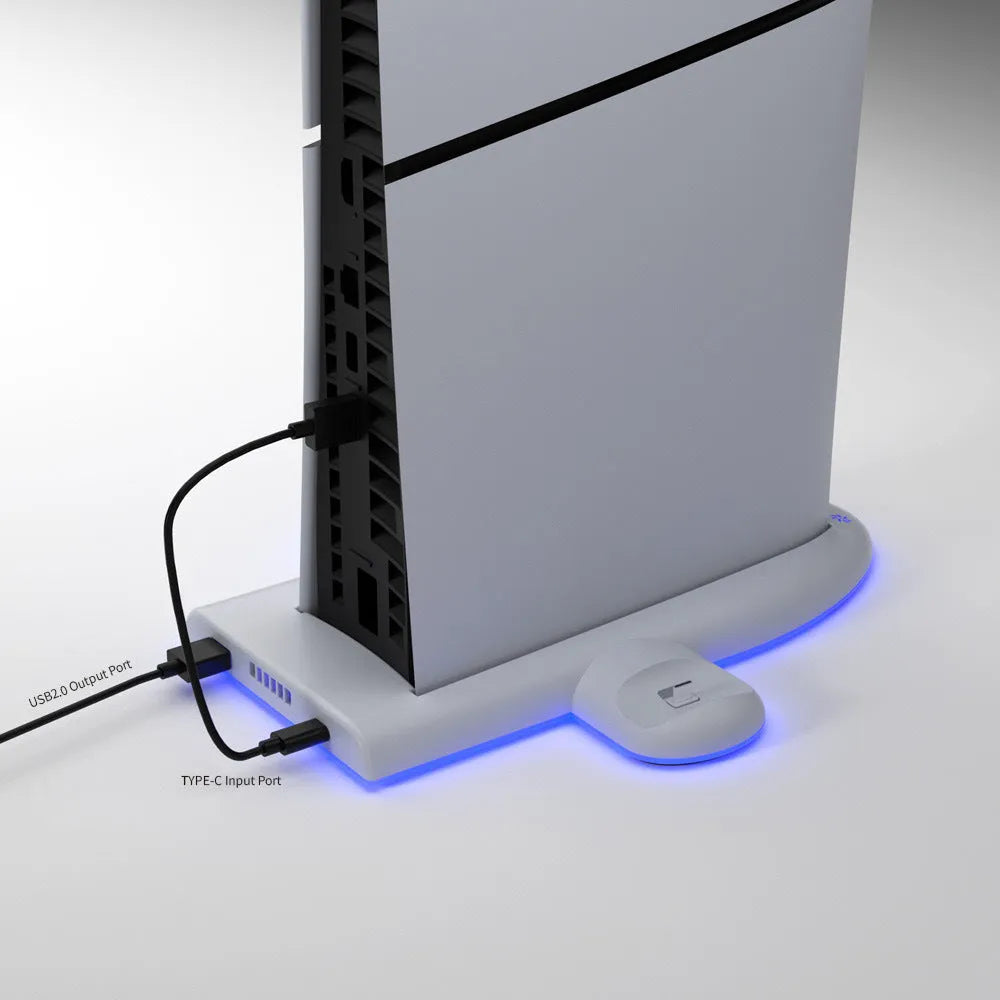 White PS5 Slim multi-function cooler pad with RGB lighting, charging station, and cooling fan