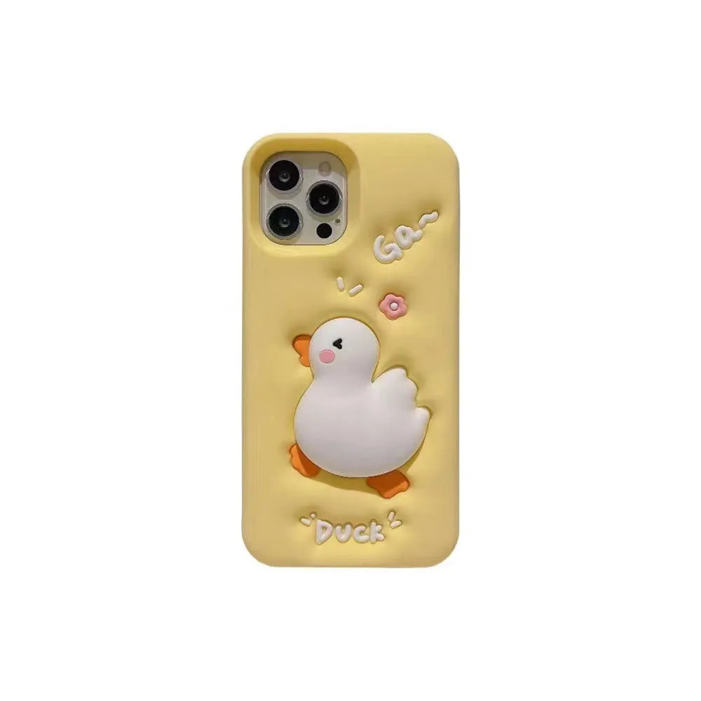 Yellow silicone phone case with three-dimensional cartoon duck for iPhone, featuring press pinch decompression element