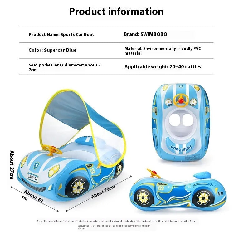 Pink inflatable car-shaped swimming ring for children with a central steering wheel.