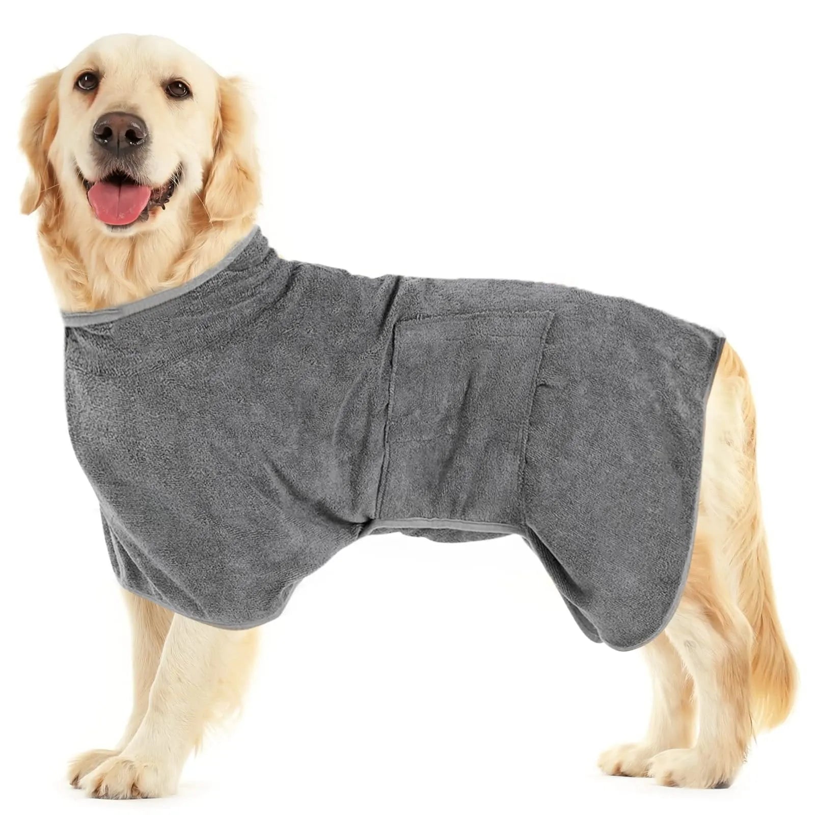 Nylon dog drying towel in grey with orange edge trim shown folded, available in XS to XL sizes