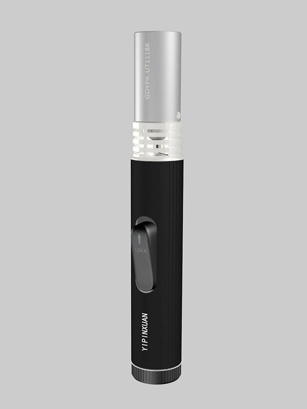 Black portable metal flamethrower torch with child safety lock and gas canister for outdoor use.