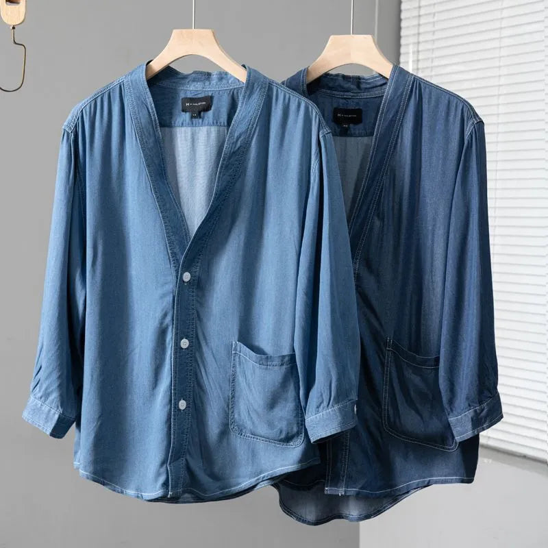 Men's dark blue casual denim coat with three-quarter sleeves and V-neck