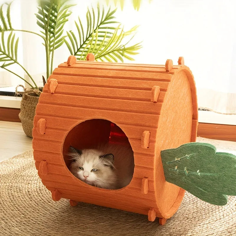 Carrot-shaped felt cat nest tunnel with semi-enclosed drilled design for feline privacy and comfort