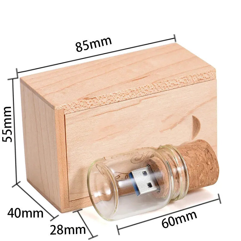 Personalised wood USB flash drive in chocolate brown with custom graphic option showing 8.5cm dimensions