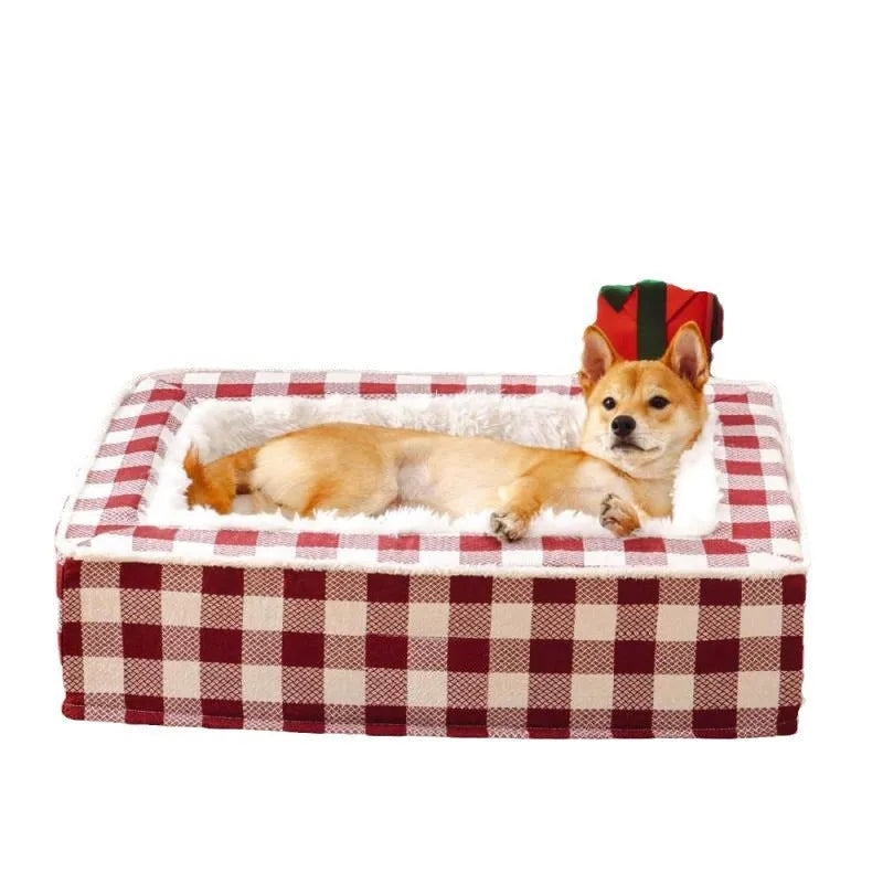 Classic plaid pattern dog cushion with removable washable cover, shown in red, for a medium dog crate.
