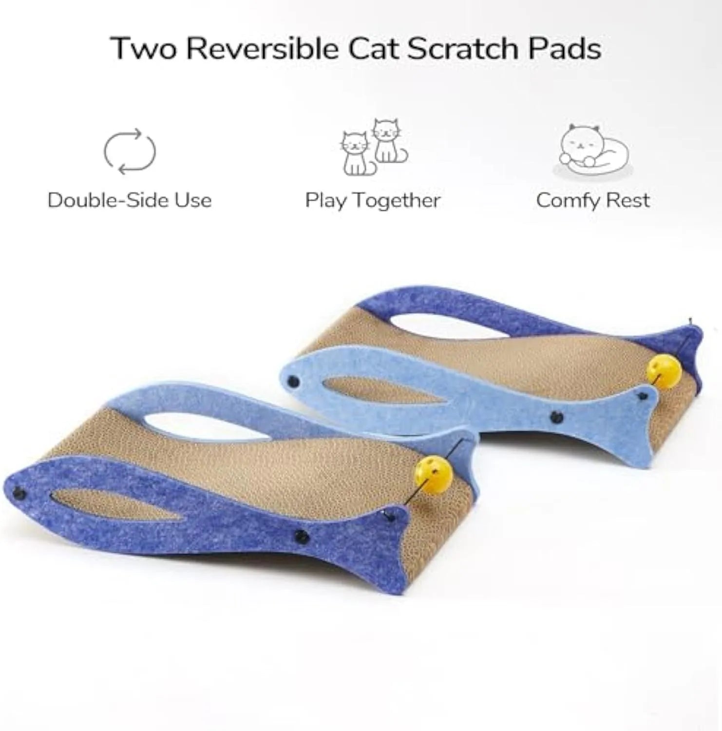 Blue fish-shaped cat scratcher with ball toy on elastic cord and wavy lounge area