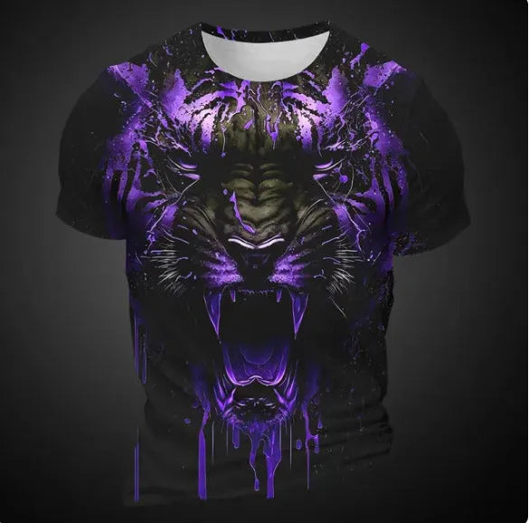 Men's grey short sleeve T-shirt with a detailed 3D tiger face digital print on the front.