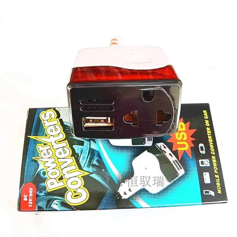 Car power adapter converts cigarette lighter to 220V USB charging with wireless capability