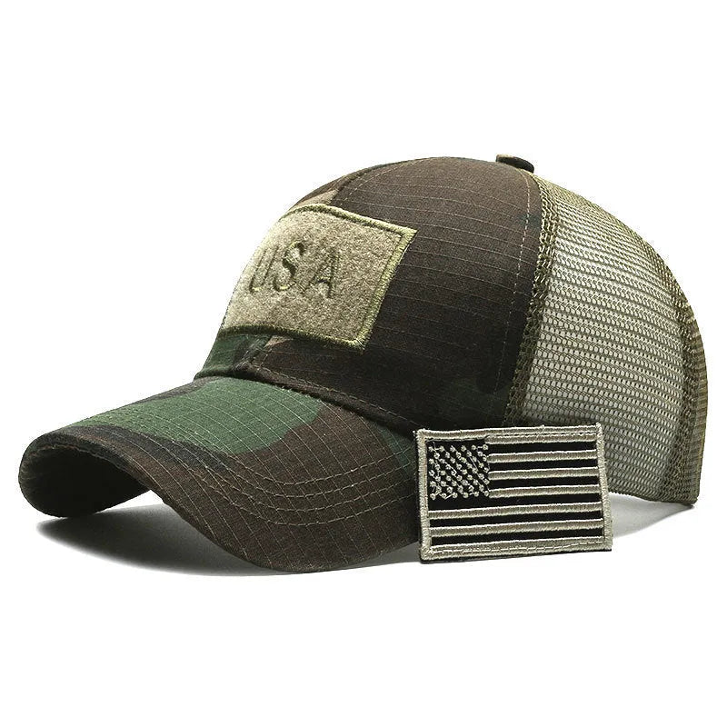 Adjustable Velcro tactical camouflage baseball cap with machine embroidery on cotton dome crown