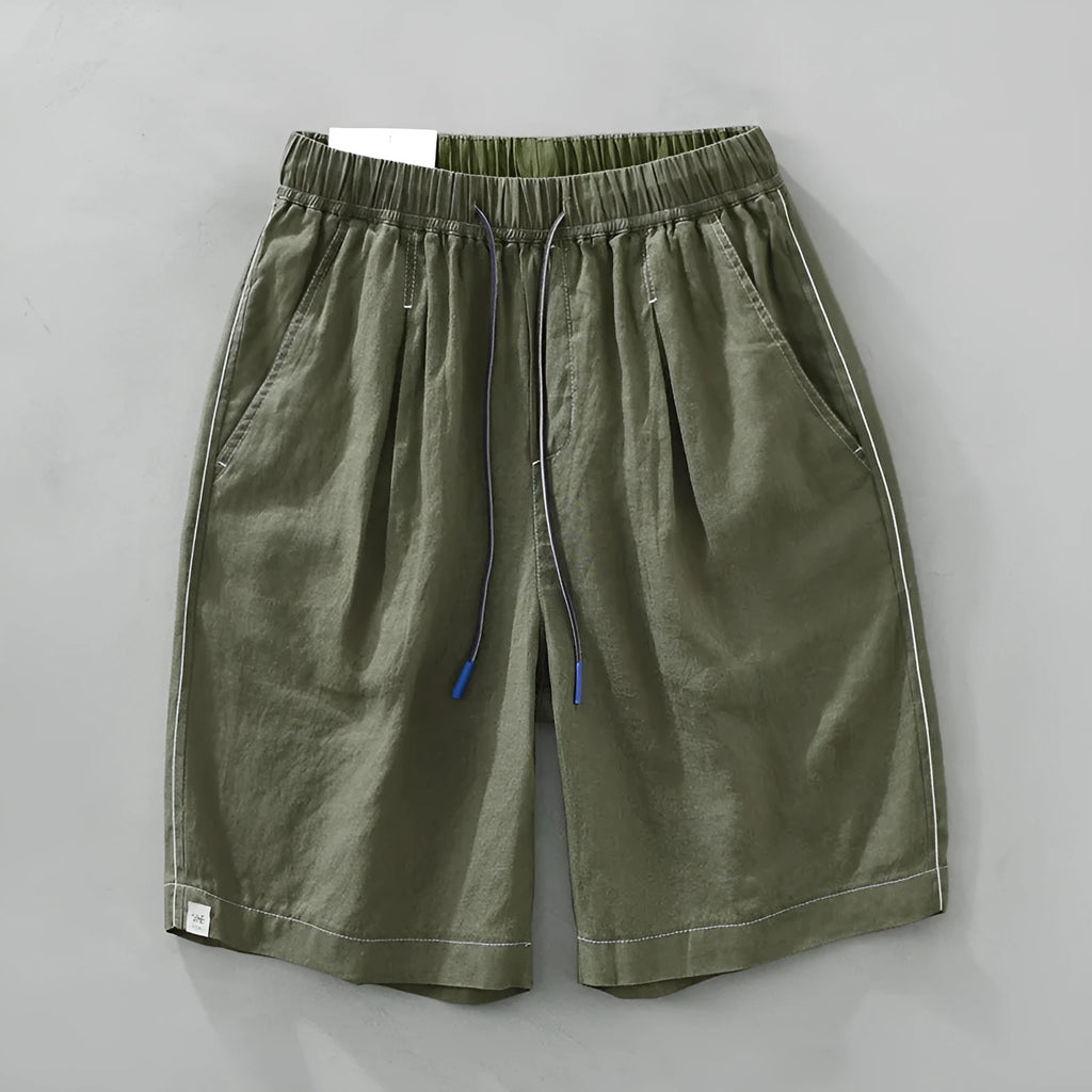 Men's linen casual shorts with loose straight-leg drooping style in black or green colours