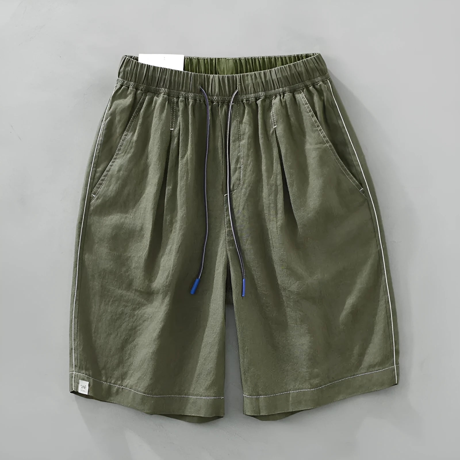 Men's linen casual shorts with loose straight-leg drooping style in black or green colours