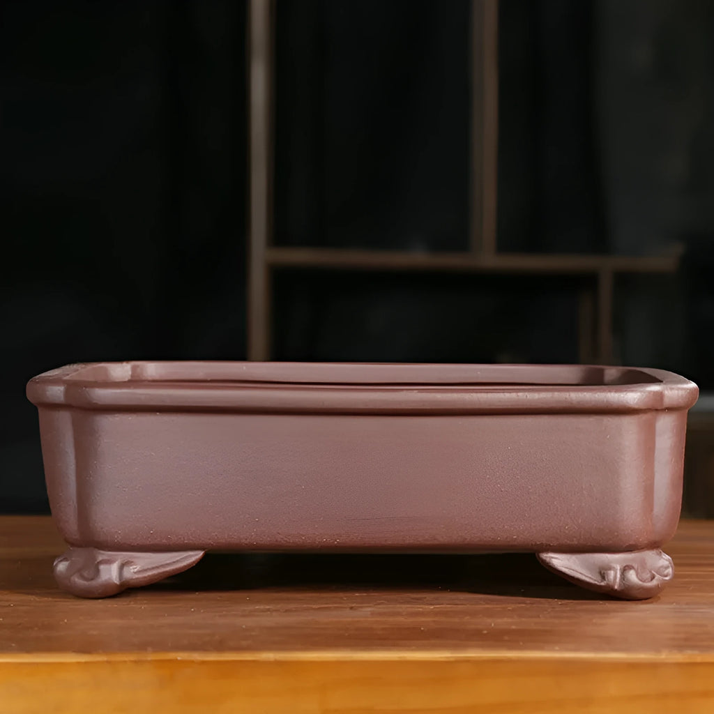 Purple sand rectangular manger bonsai pot with corner-cutting detail in antique classical style