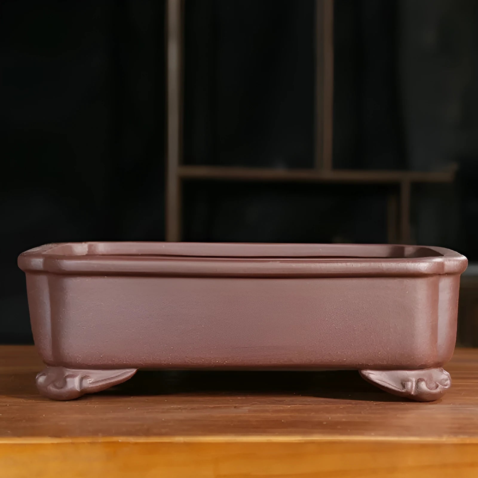 Purple sand rectangular manger bonsai pot with corner-cutting detail in antique classical style