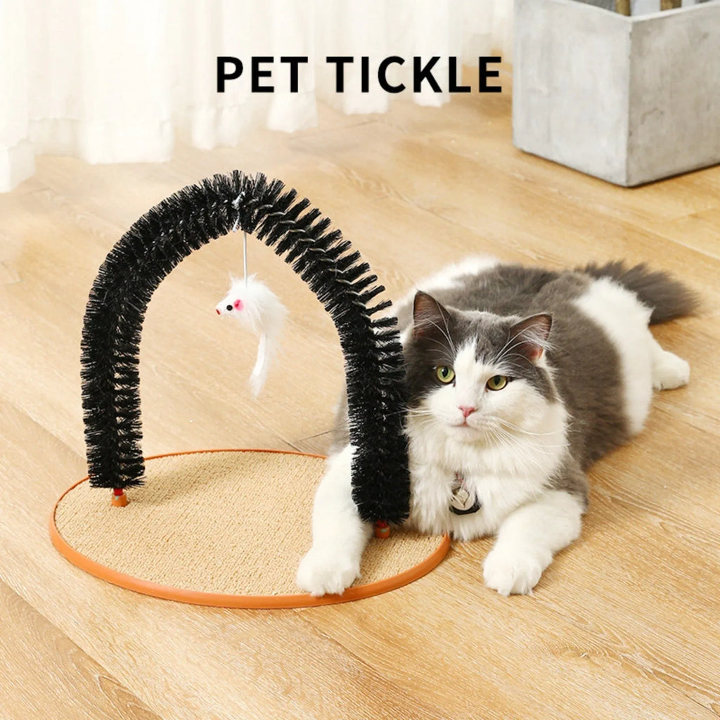 Black plastic arch-shaped cat grooming device with scratching cloth and attached mouse toy