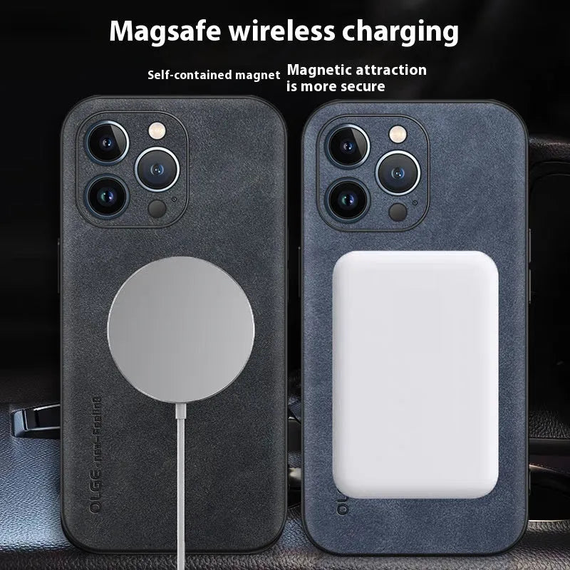 Magnetic Sheepskin All-inclusive Drop-resistant Business Phone Case Compatible with iPhone 12-16 Pro Max Series in Graphite Black Dark Night Green Sapphire Blue Golden Brown Galactic Gray