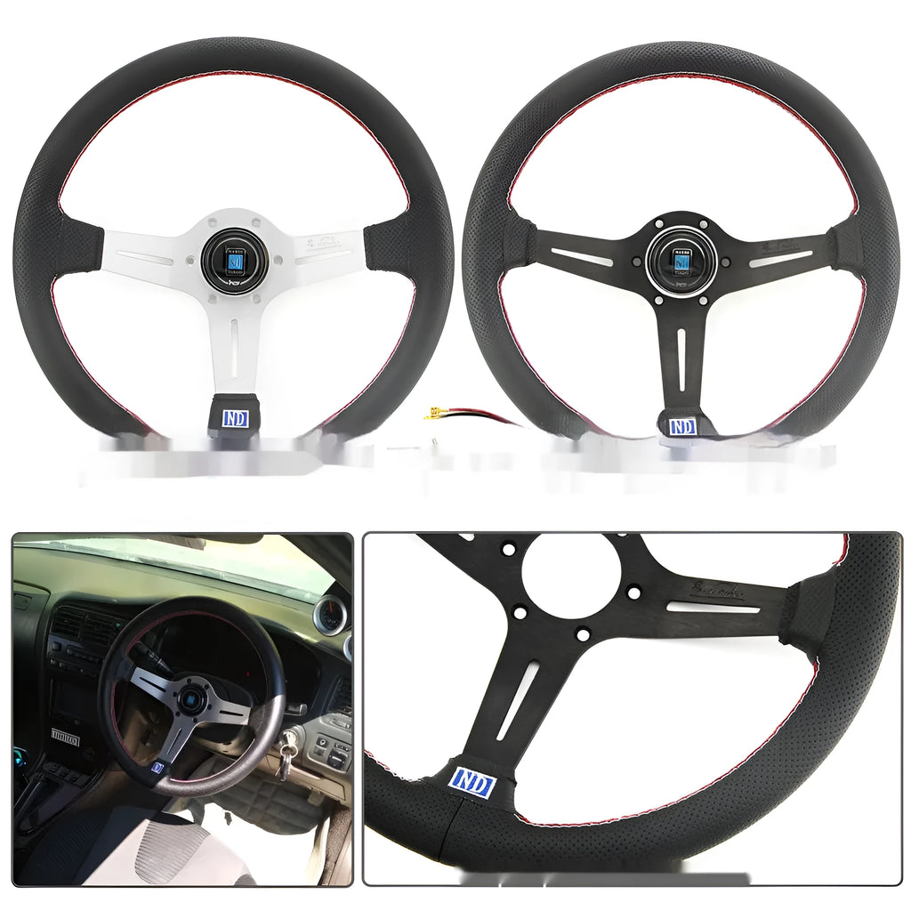 14-inch leather steering wheel with a concave centre section, shown with a silver skeleton frame