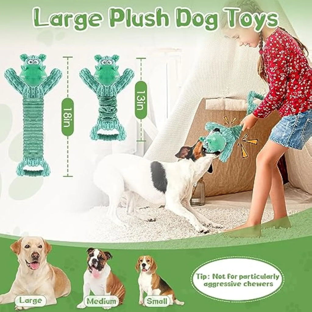 Large squeaky plush dog toy with handle and crinkle paper for interactive play
