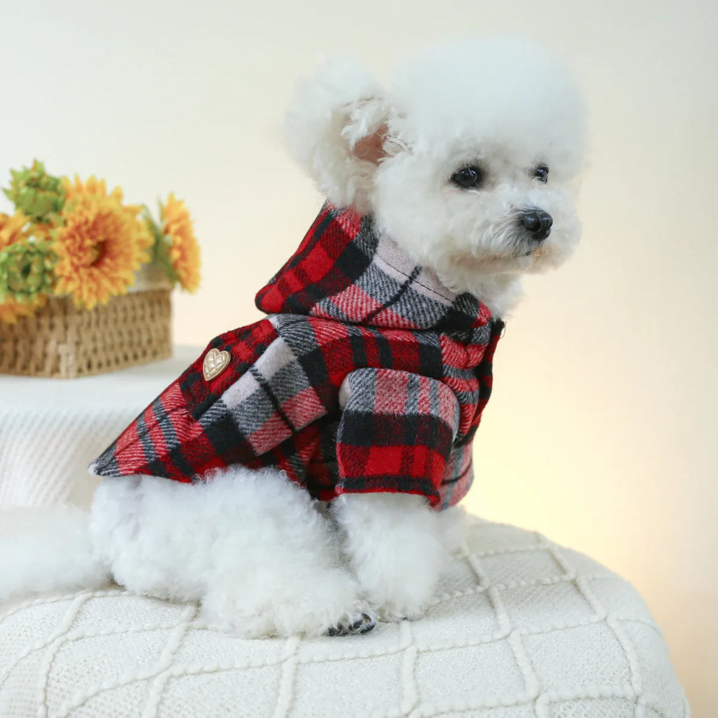 Red plaid polyester pet trench coat for dogs or cats with five size options from XS to XL