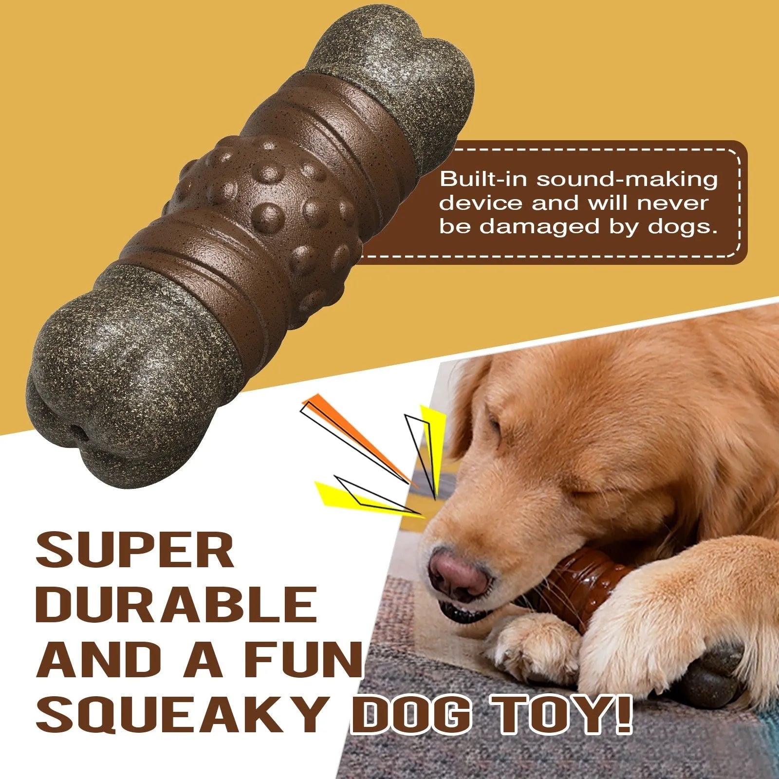 Wood colour plastic dog toothbrush toy with textured molar rod for dental cleaning