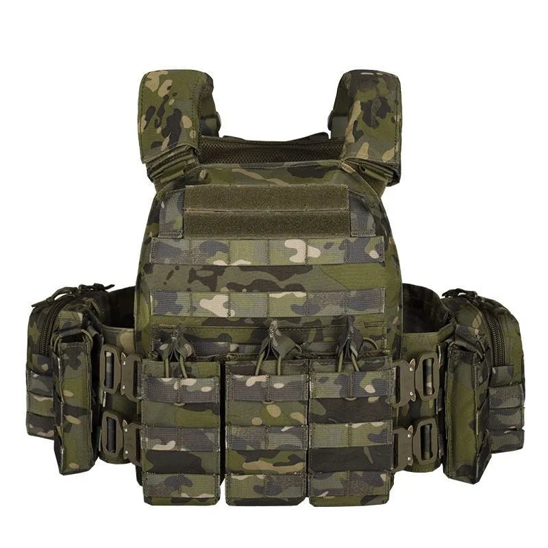 Polyester camouflage tactical vest in army green, black, green CP, or jungle camouflage patterns for outdoor training